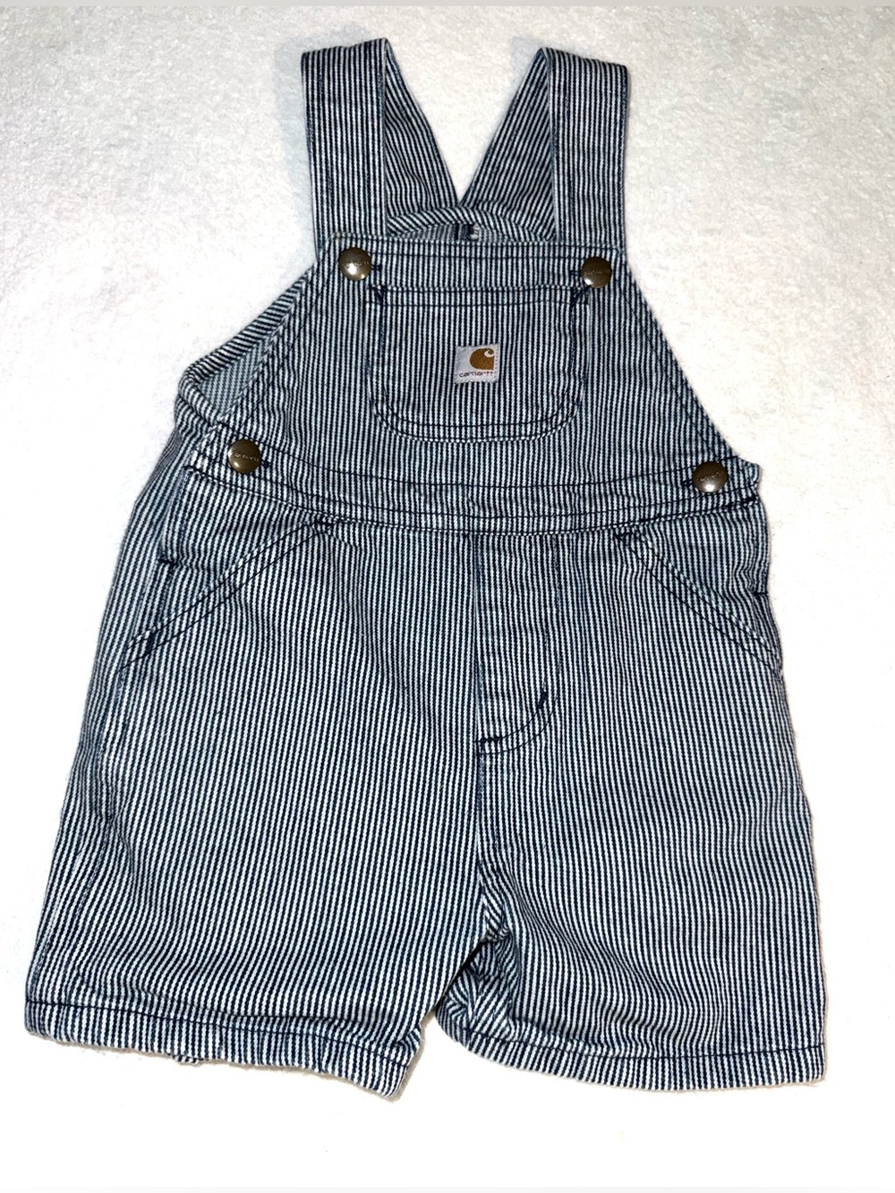 Carhartt blue and white pinstriped short alls, size 2T, EUC